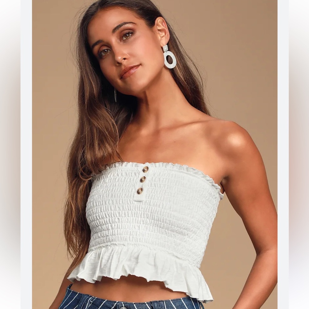 FREE PEOPLE Women’s BABE Tube Top Ivory Smocked Strapless Ruffle Hem